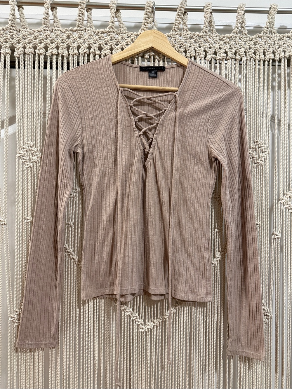 Ribbed Lace-Up Long Sleeve Top - Taupe